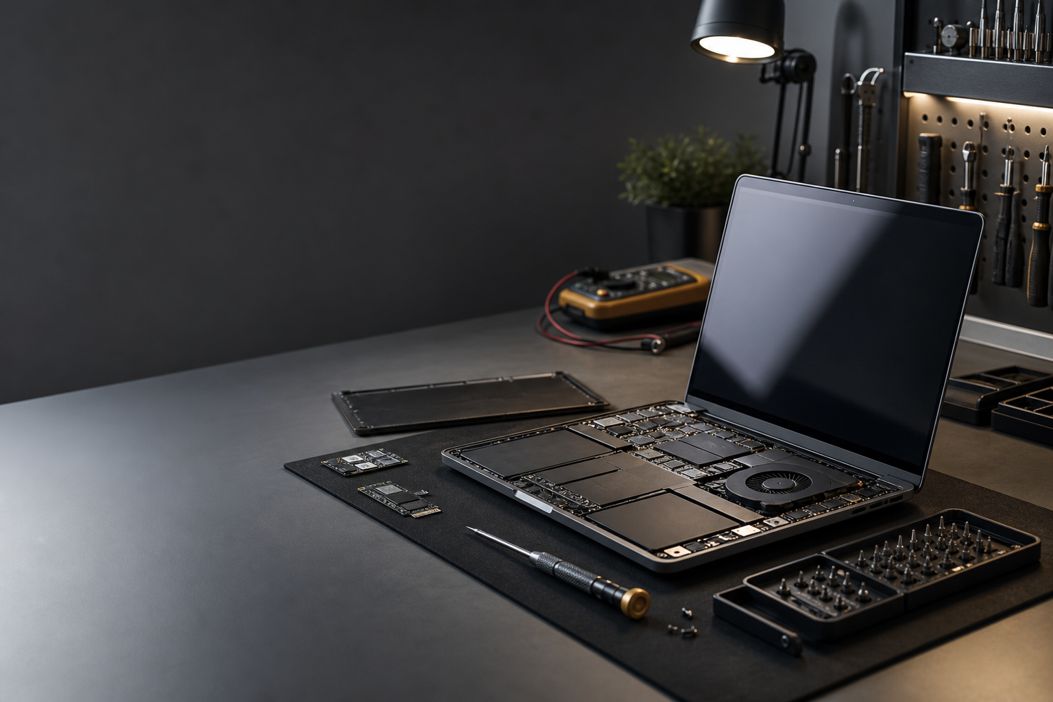Computer repair workspace with an open laptop and diagnostic tools