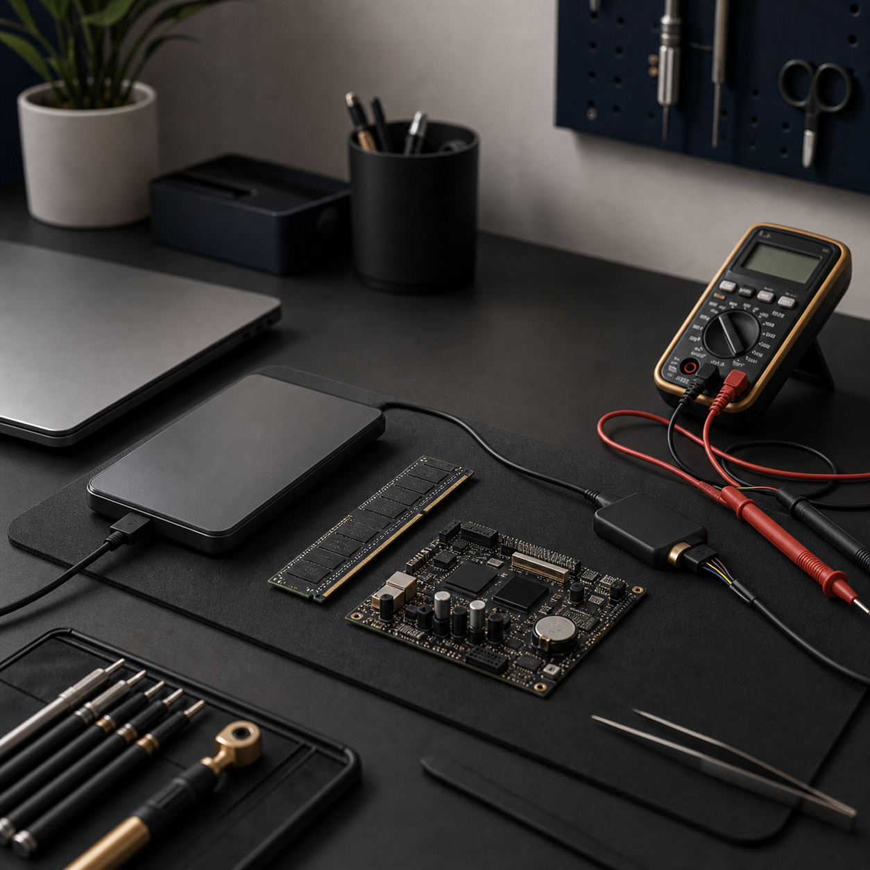 Computer diagnostic tools with a multimeter, RAM, and circuit board
