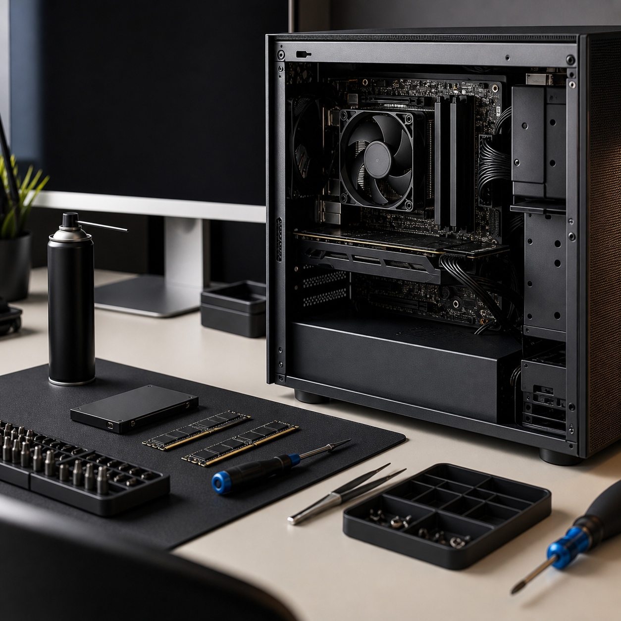 Open desktop computer with components and repair tools